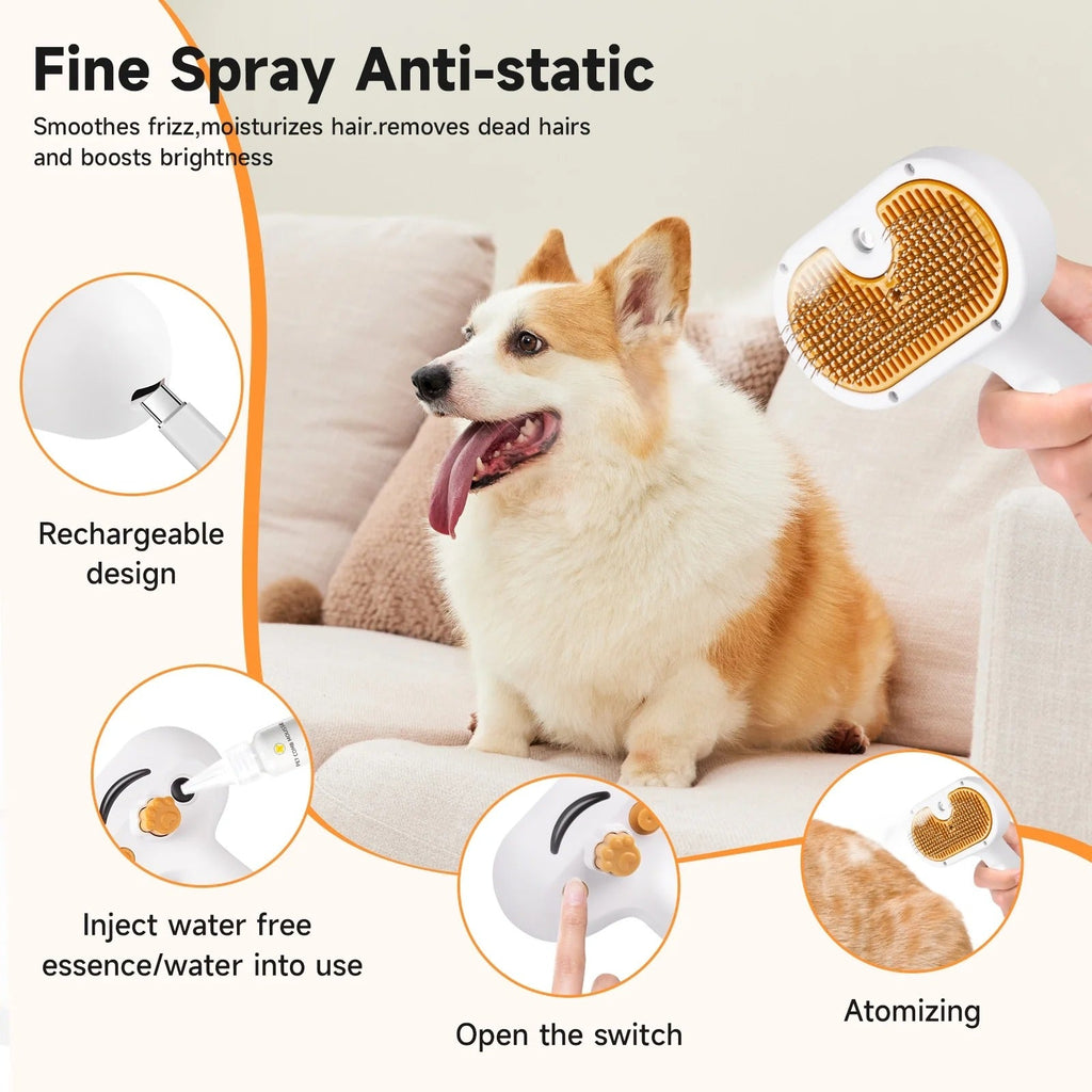 Silver 3-in-1 Steam Grooming Brush for Dogs & Cats, Self-Cleaning Hair Removal Comb with Mist Spray, Waterless Shampoo Included, Long-Haired Pet Grooming Tool