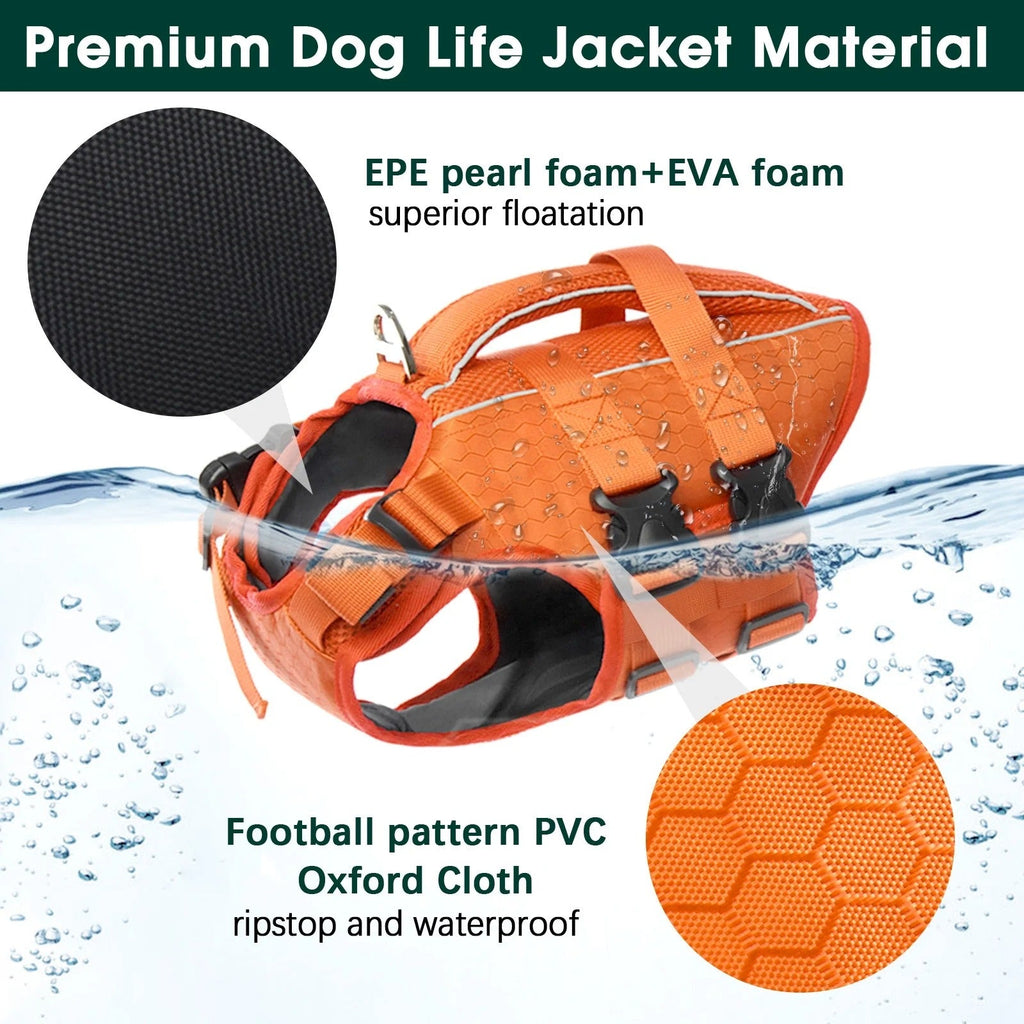 Yellow Adjustable Reflective Dog Life Jacket for Small, Medium & Large Breeds, Floating Safety Vest with Rescue Handle and Leash Hook