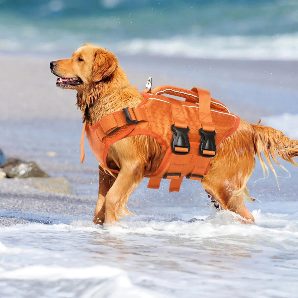 Yellow Adjustable Reflective Dog Life Jacket for Small, Medium & Large Breeds, Floating Safety Vest with Rescue Handle and Leash Hook