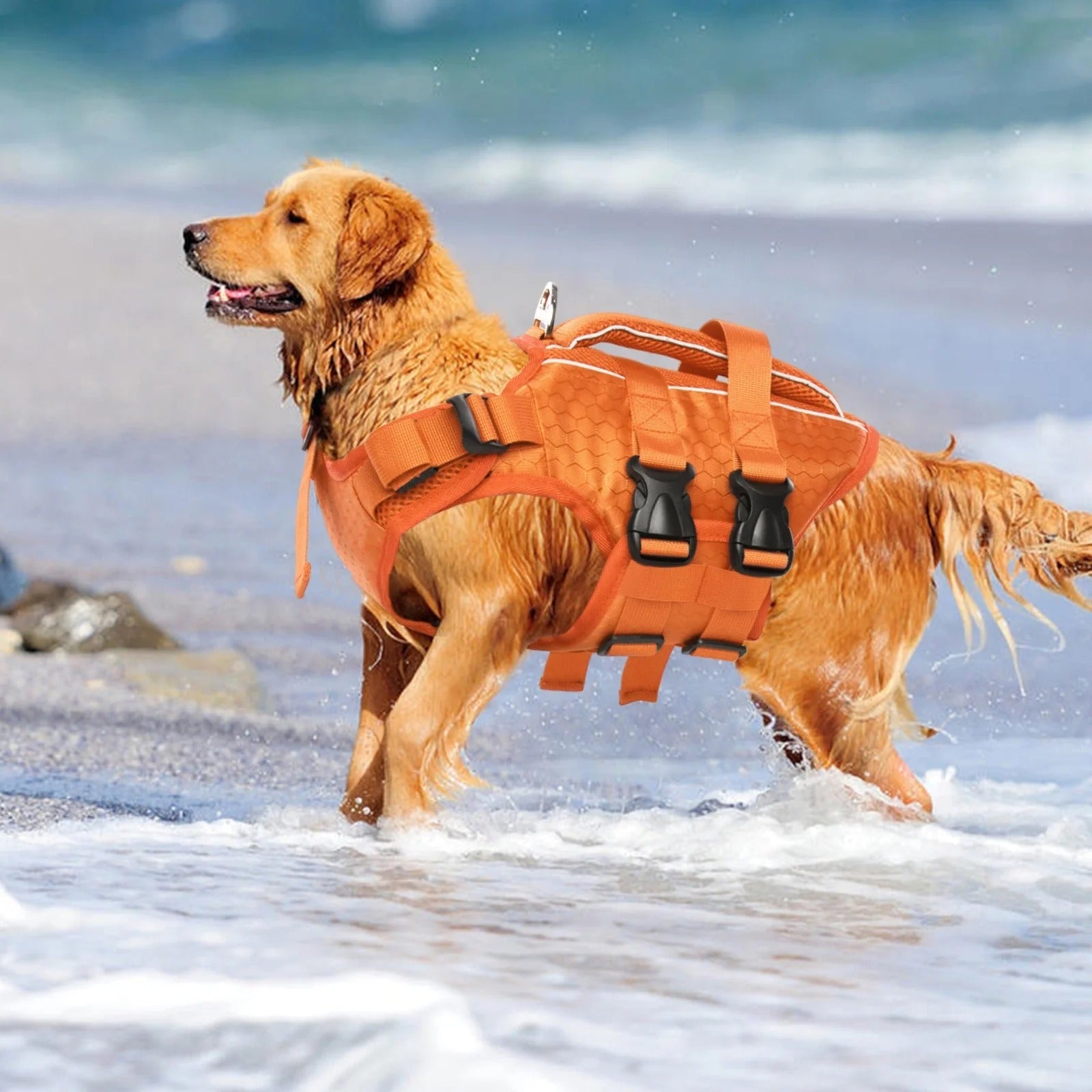 Yellow Adjustable Reflective Dog Life Jacket for Small, Medium & Large Breeds, Floating Safety Vest with Rescue Handle and Leash Hook