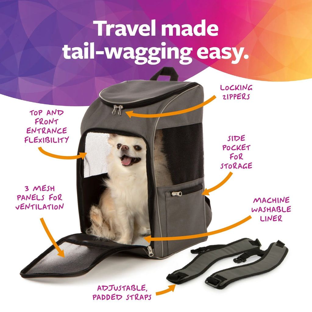 Gray Medium Cat & Dog Travel Backpack Carrier, Soft-Sided Pet Carrier for Small Dogs and Cats, Up to 16 lb, Breathable Mesh and Comfortable Padding