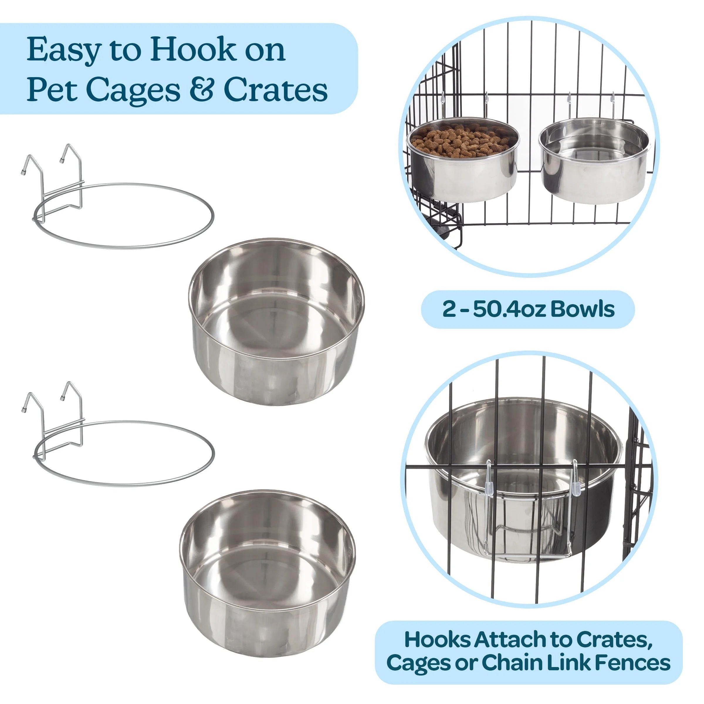 Set of 2 Stainless-Steel Hanging Dog Bowls with Elevated Stand, 50.4oz Each, Durable No-Spill Pet Feeding Bowls for Dogs, Cats, and Small Animals