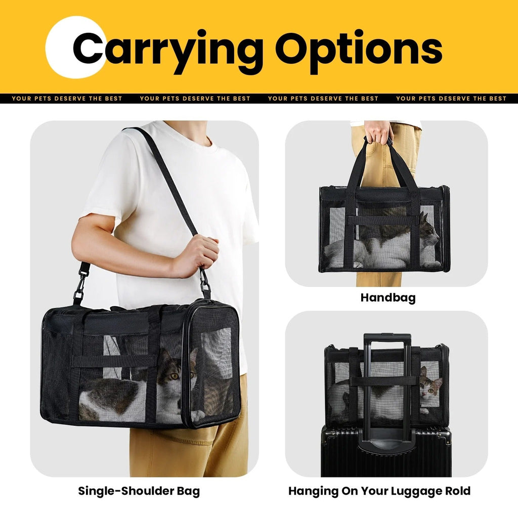 Black Airline Approved Soft-Sided Cat Carrier with 4-Sided Mesh, Collapsible Pet Travel Carrier for Cats and Small Dogs