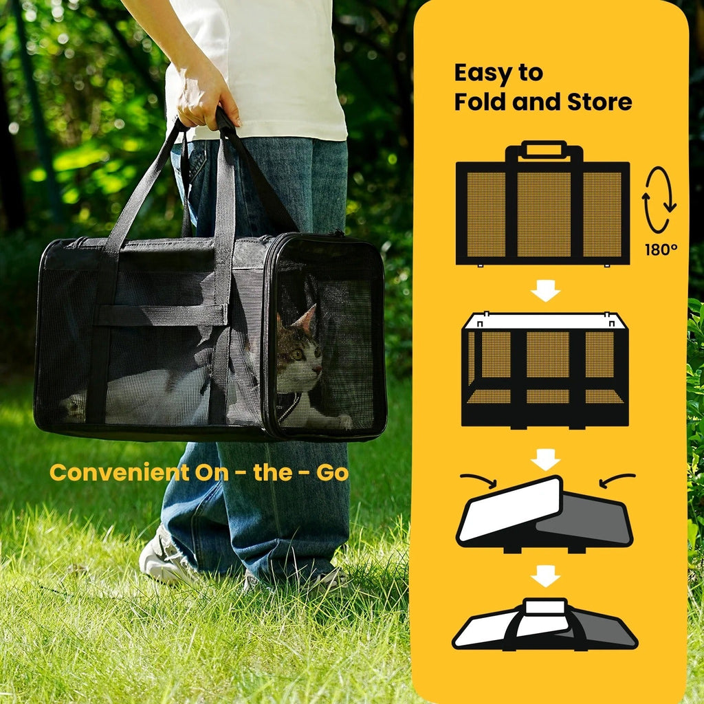 Black Airline Approved Soft-Sided Cat Carrier with 4-Sided Mesh, Collapsible Pet Travel Carrier for Cats and Small Dogs