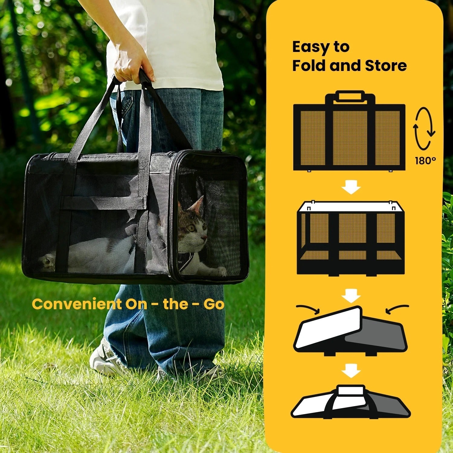 Black Airline Approved Soft-Sided Cat Carrier with 4-Sided Mesh, Collapsible Pet Travel Carrier for Cats and Small Dogs